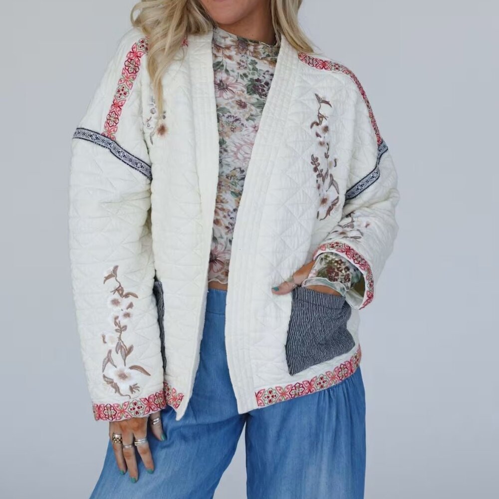 POL Cream Floral Embroidered Open Front Jacket